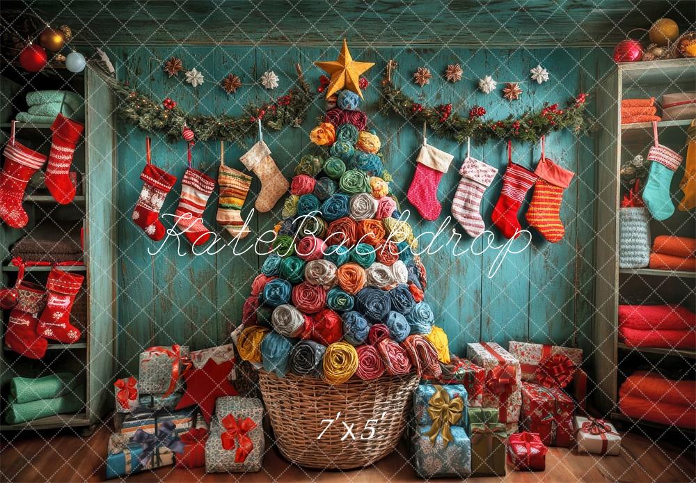 Lightning Deals Kate Colorful Christmas Stockings Tree Backdrop Designed by Laura Bybee -UK