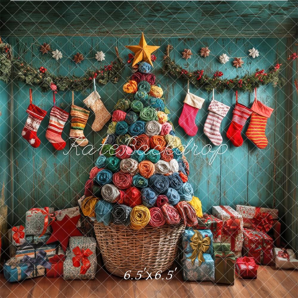 Lightning Deals Kate Colorful Christmas Stockings Tree Backdrop Designed by Laura Bybee -UK