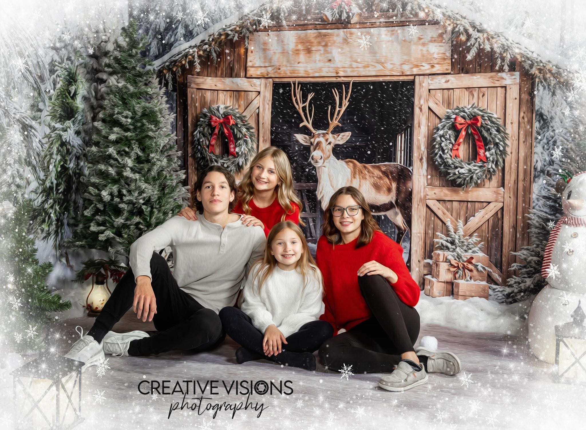 Kate Christmas Reindeer Wooden Cabin Backdrop+Winter Snow Texture Floor Backdrop