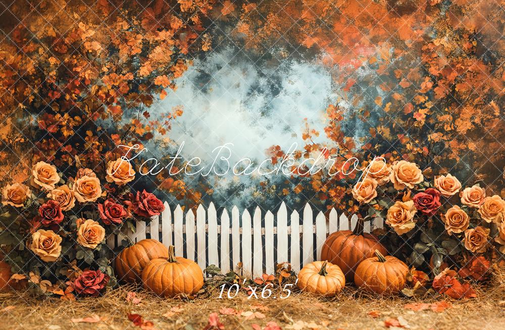 Kate Autumn Pumpkin Rose Garden Fence Backdrop Designed by Emetselch -UK