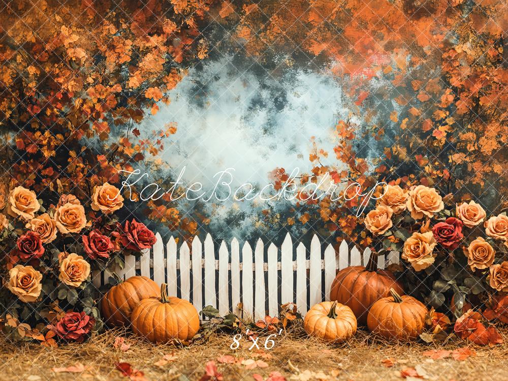 Kate Autumn Pumpkin Rose Garden Fence Backdrop Designed by Emetselch -UK