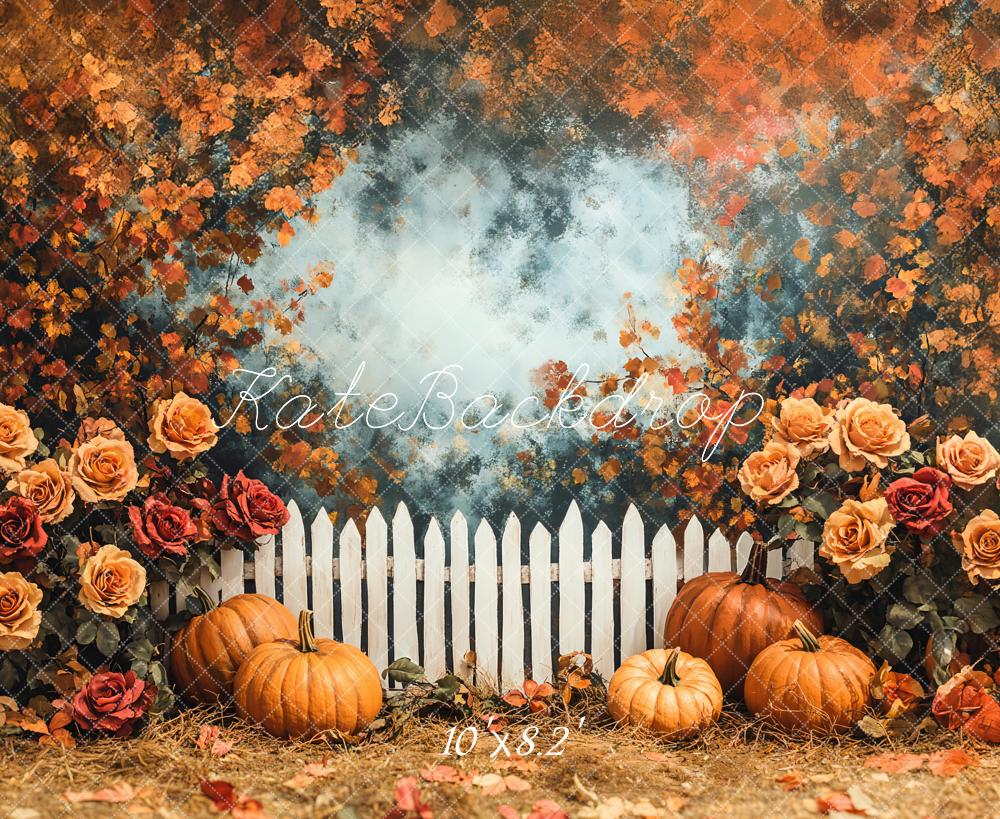 Kate Autumn Pumpkin Rose Garden Fence Backdrop Designed by Emetselch -UK