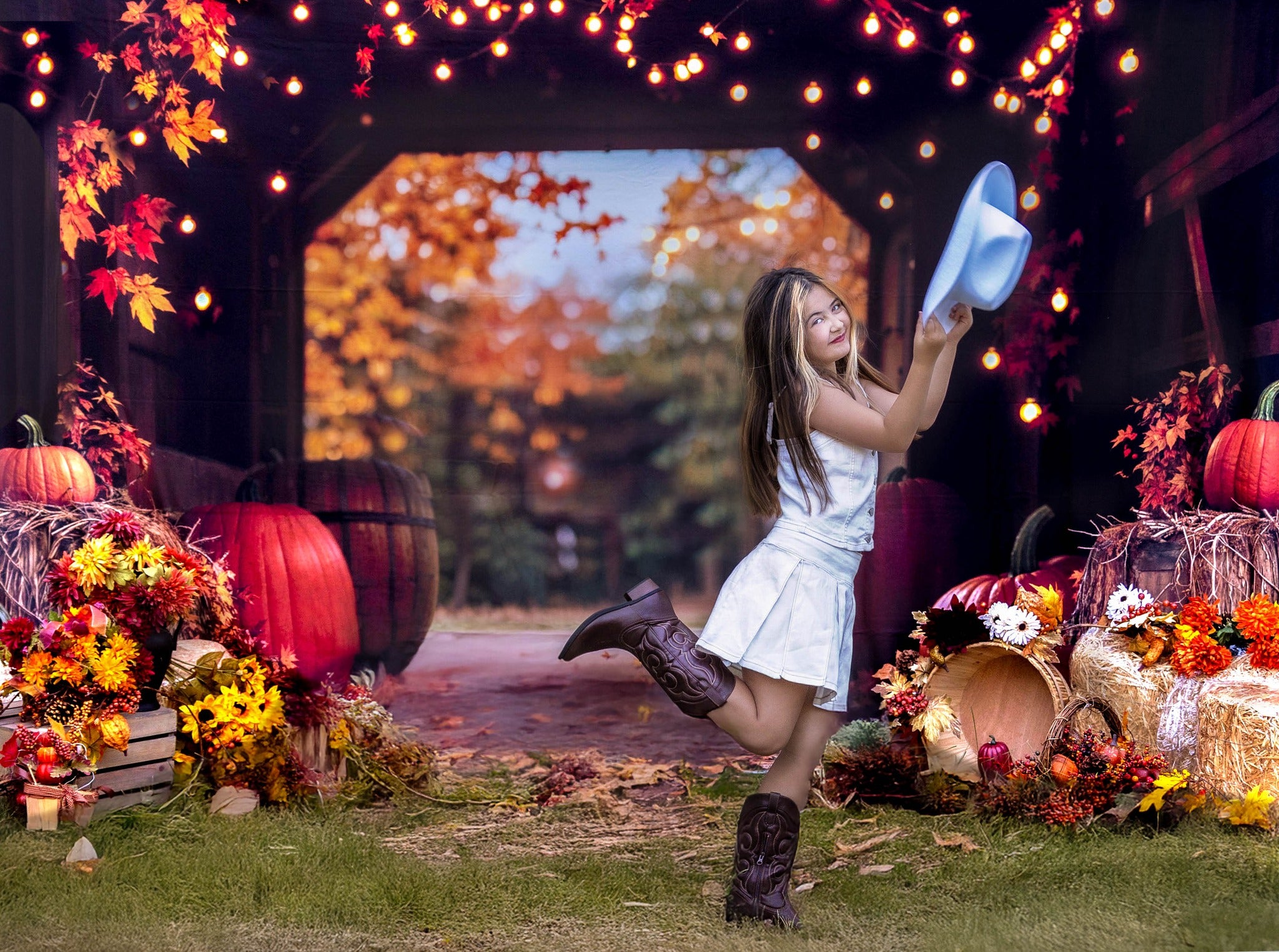On Sale Kate Autumn Leaves Pumpkin Barn Lights Backdrop Designed by Emetselch -UK