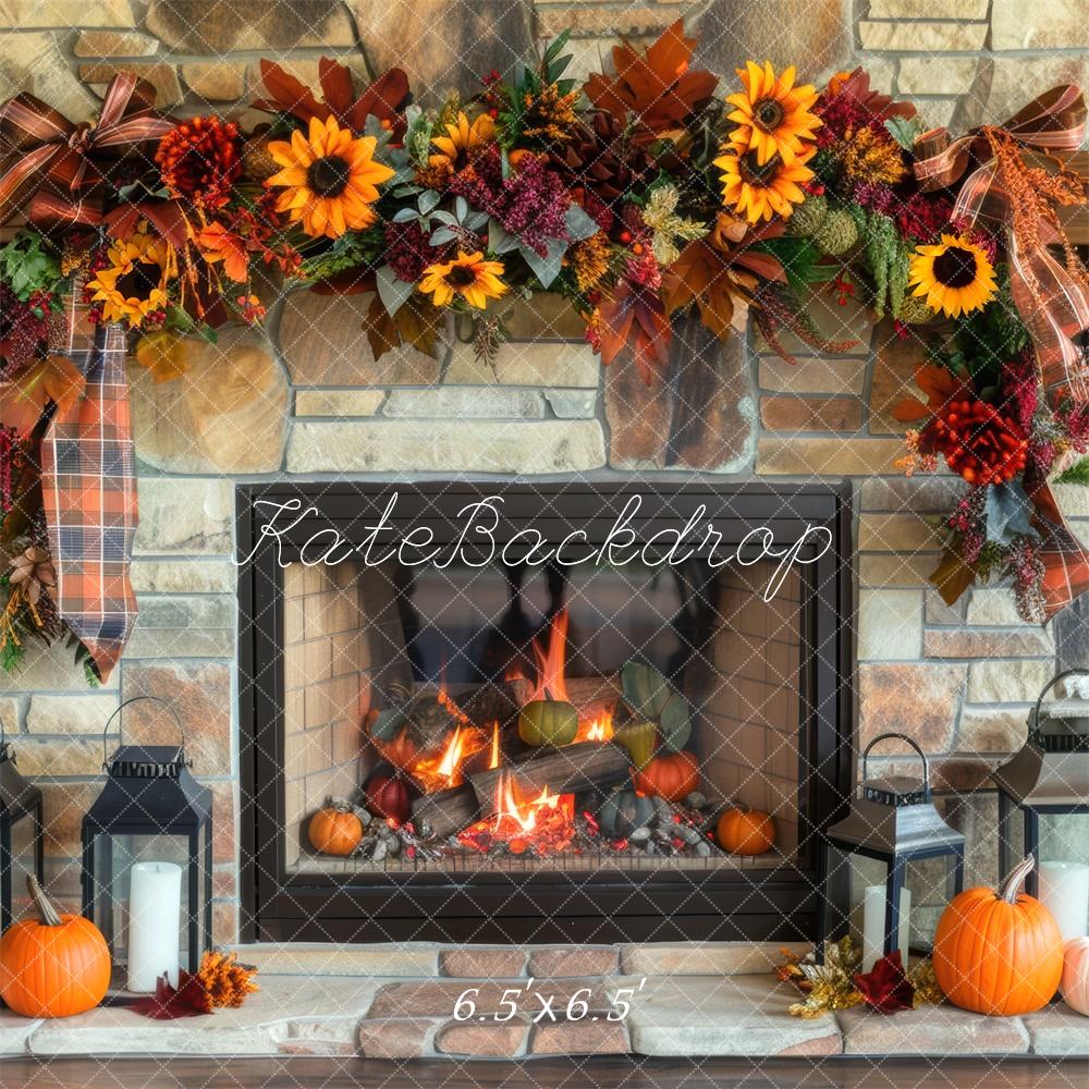 Kate Autumn Sunflower Fireplace Brick Wall Backdrop Designed by Mini MakeBelieve -UK