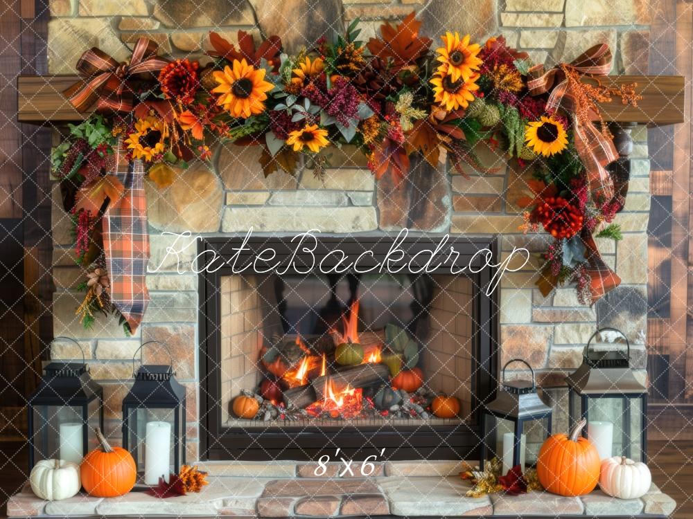 Kate Autumn Sunflower Fireplace Brick Wall Backdrop Designed by Mini MakeBelieve -UK
