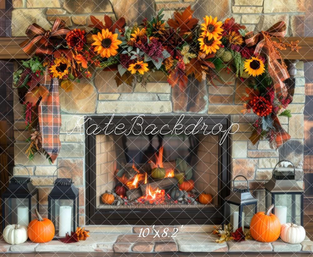 Kate Autumn Sunflower Fireplace Brick Wall Backdrop Designed by Mini MakeBelieve -UK