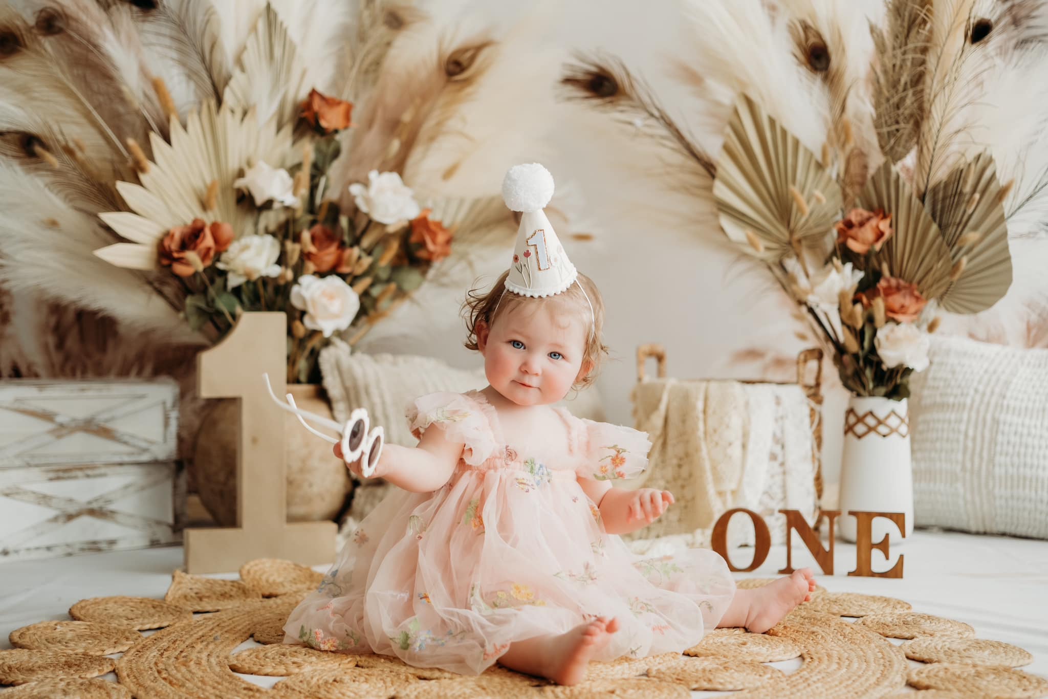 Kate Boho Arch Pampas Grass Backdrop+Neutral Abstract Texture Beige Floor Backdrop -UK