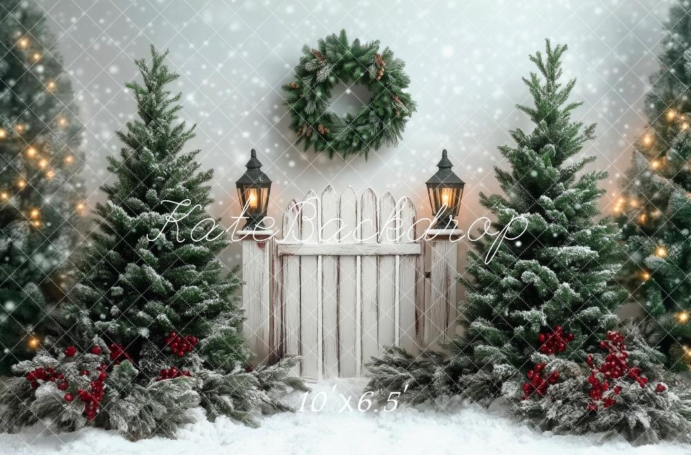 Kate Christmas Trees Fence Snow Backdrop Designed by Patty Robert -UK