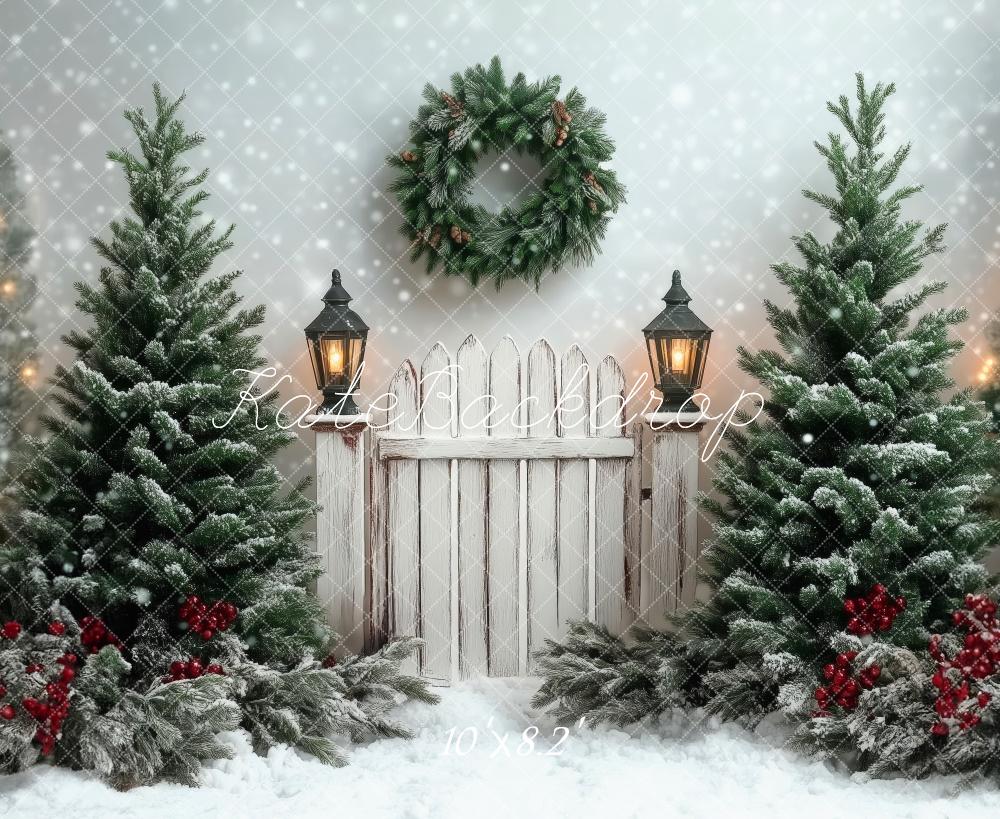 Kate Christmas Trees Fence Snow Backdrop Designed by Patty Robert -UK