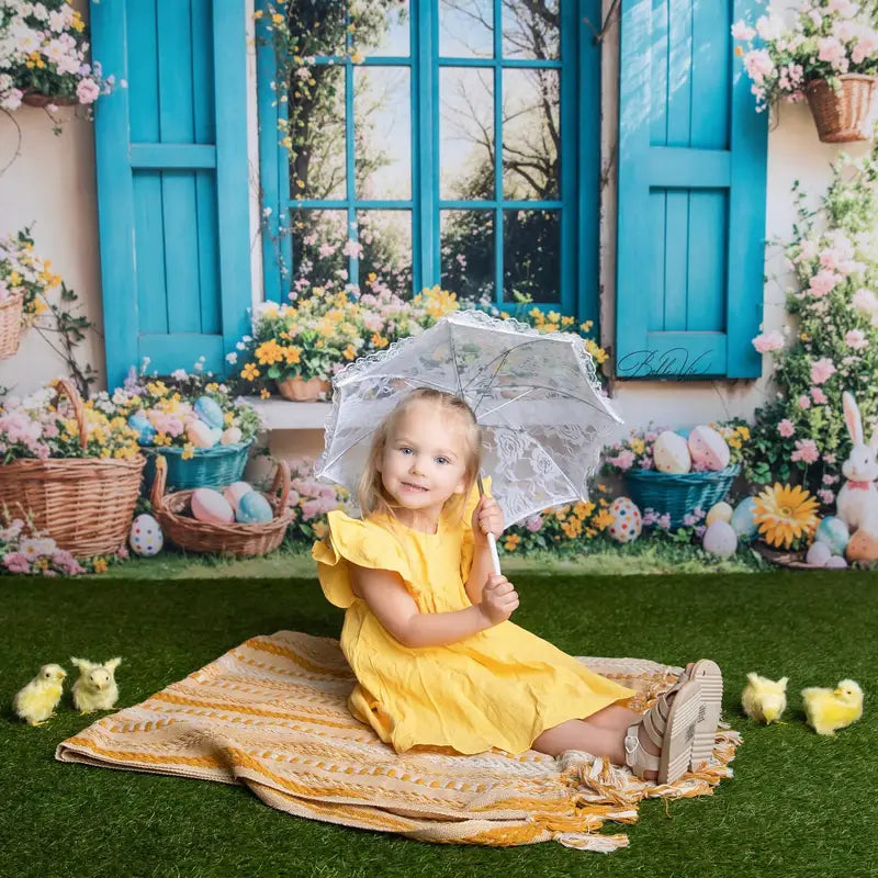 Kate Easter Bunny Floral Blue Window Backdrop Designed by Emetselch