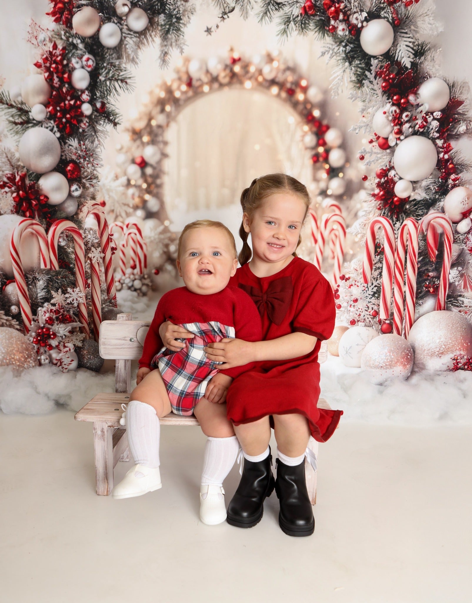 Kate Christmas Candy Cane Arch Snow Backdrop Designed by Emetselch