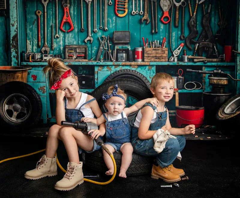 Kate Industrial Vintage Garage Tools Tire Backdrop Designed by Emetselch -UK