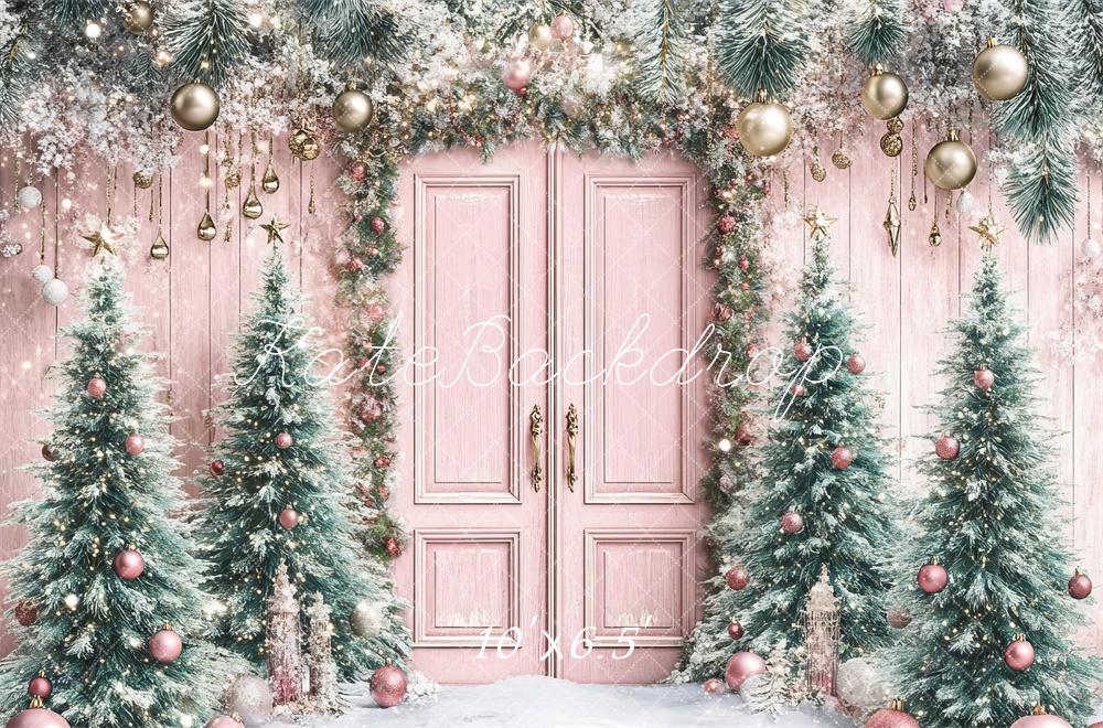 Lightning Deals Kate Christmas Tree Pink Door Snowy Backdrop Designed by Lidia Redekopp -UK