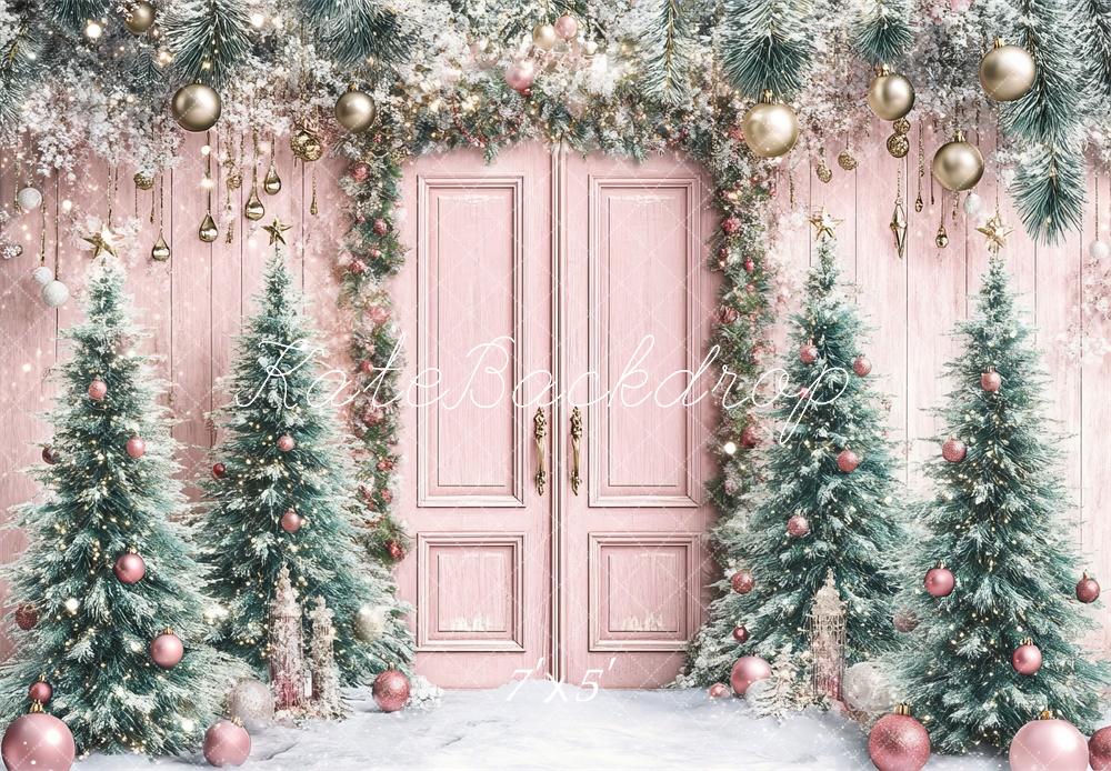 Lightning Deals Kate Christmas Tree Pink Door Snowy Backdrop Designed by Lidia Redekopp -UK