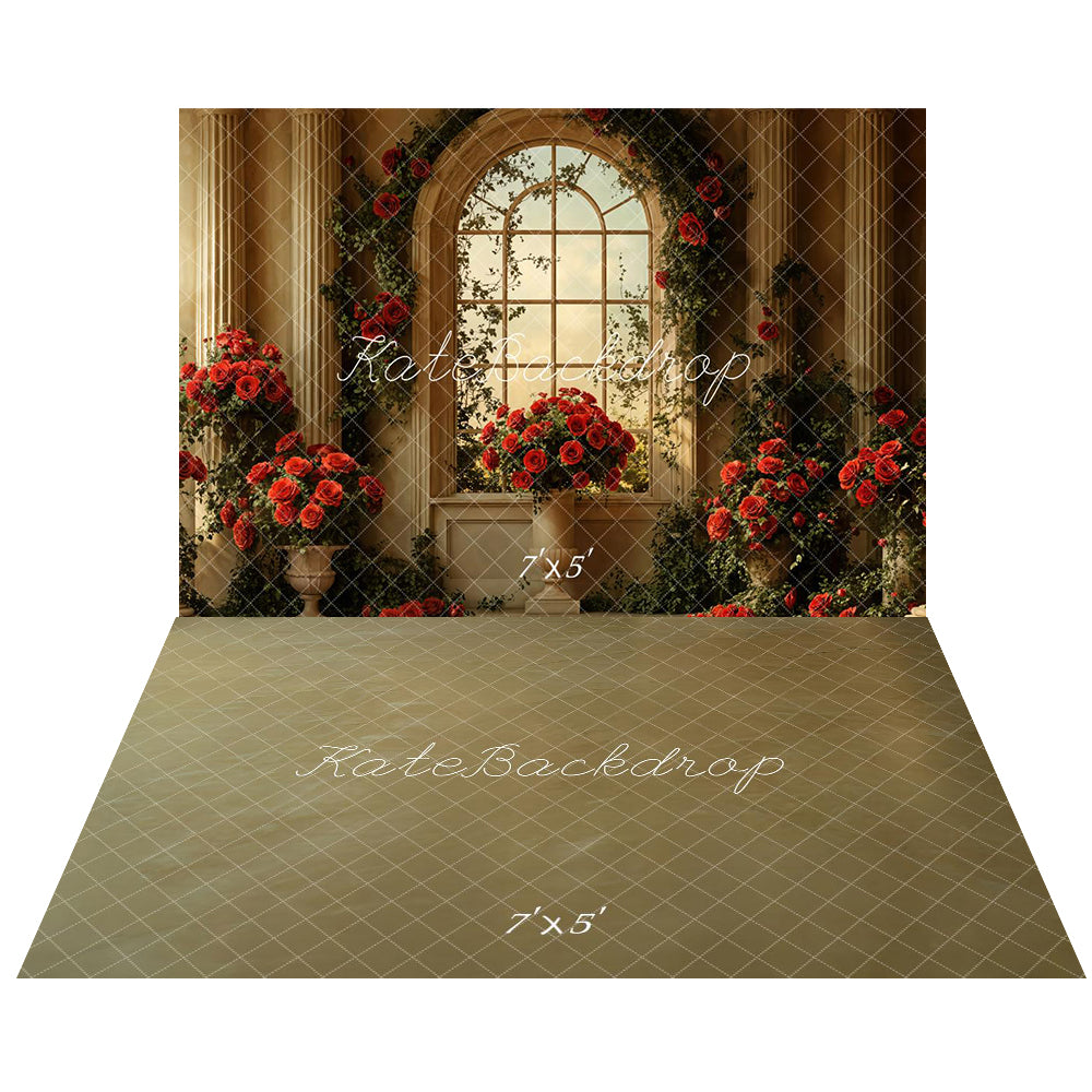 Lightning Deals Kate Valentine Vintage Arched Window Rose Backdrop+Brown Abstract Floor Backdrop -UK