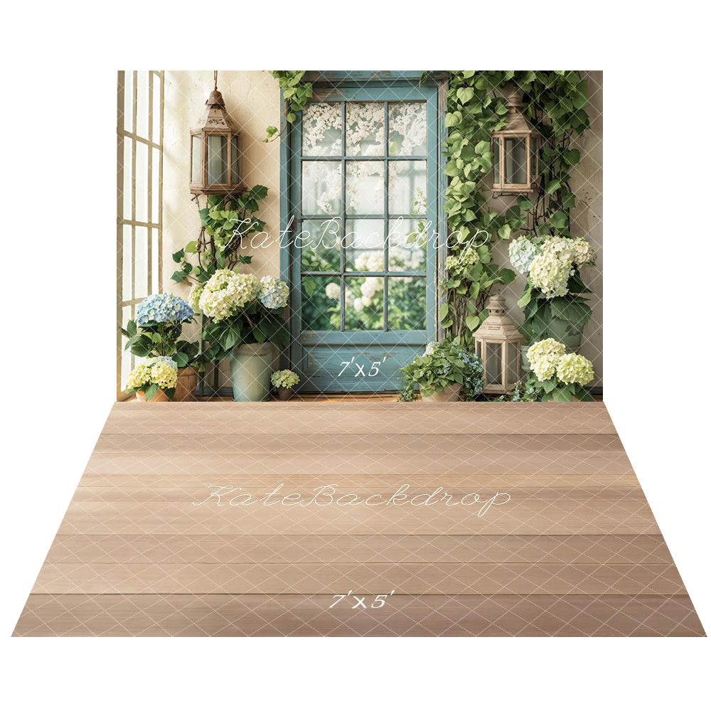 Kate Spring Floral Window Door Hydrangeas Backdrop+Beige Wooden Floor Backdrop -UK