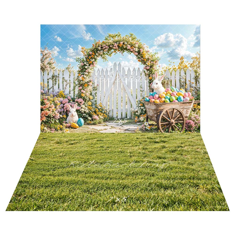 Kate Easter Bunny Flower Arch Fence Backdrop+Spring Green Grass Field Floor Backdrop -UK