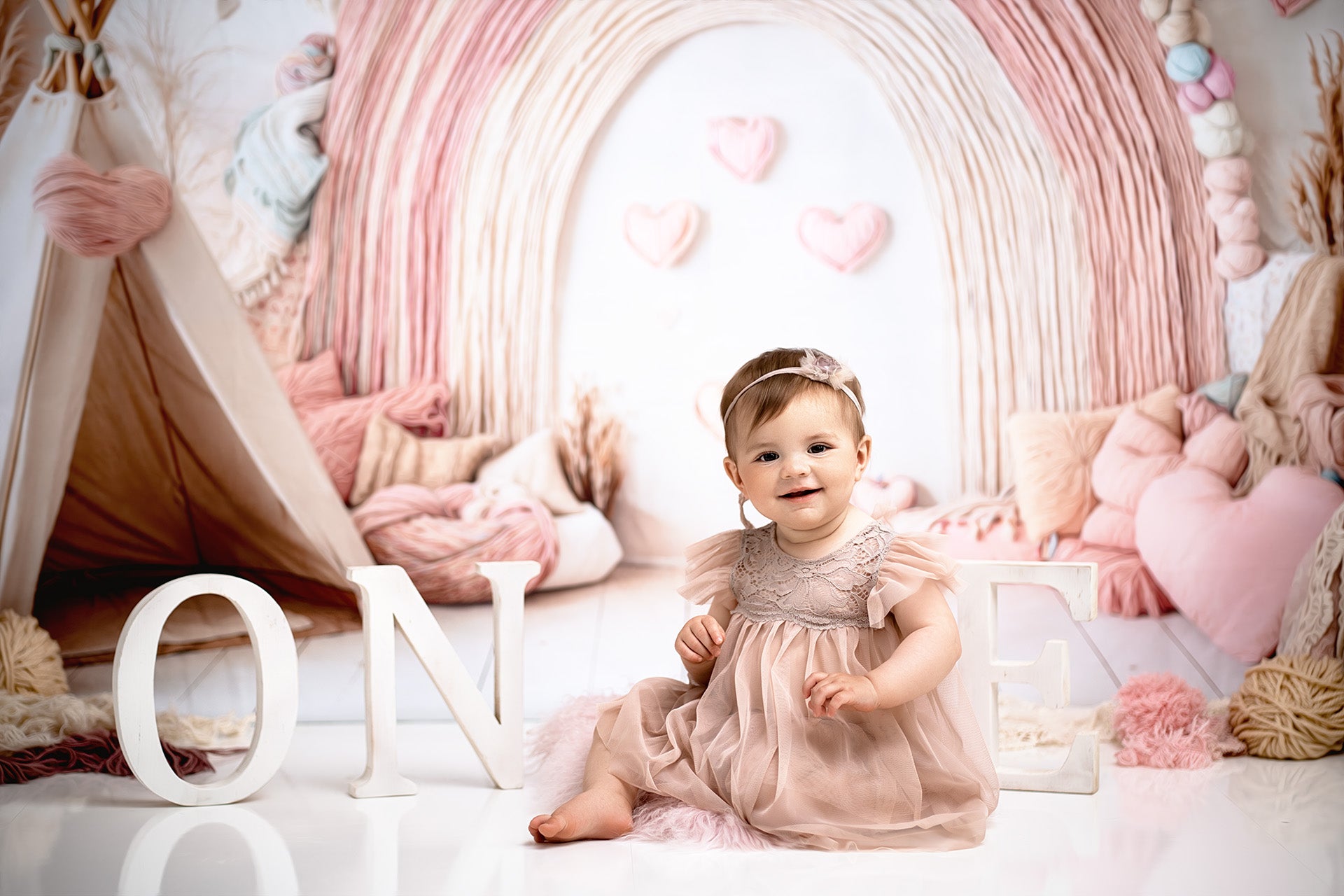 Kate Boho Rainbow Tent Hearts Pink Backdrop Designed by Emetselch -UK