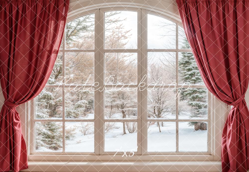 Kate Winter Window Red Curtains Backdrop Designed by Emetselch -UK