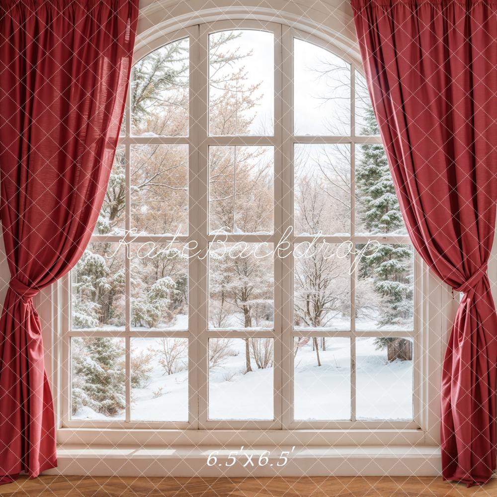 Kate Winter Window Red Curtains Backdrop Designed by Emetselch -UK