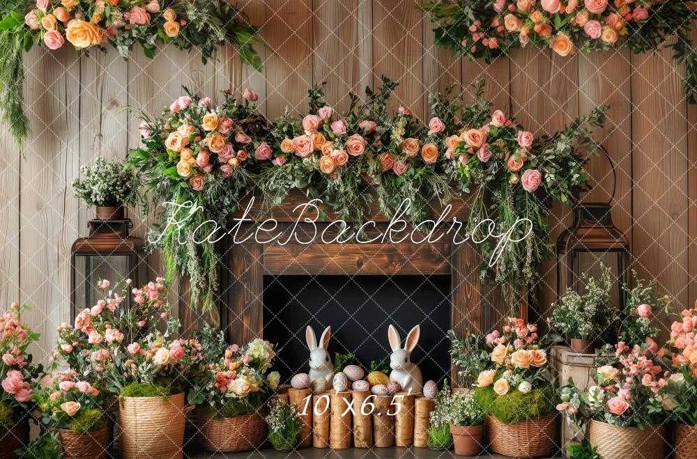 Kate Easter Bunny Floral Fireplace Wood Backdrop Designed by Patty Robert -UK