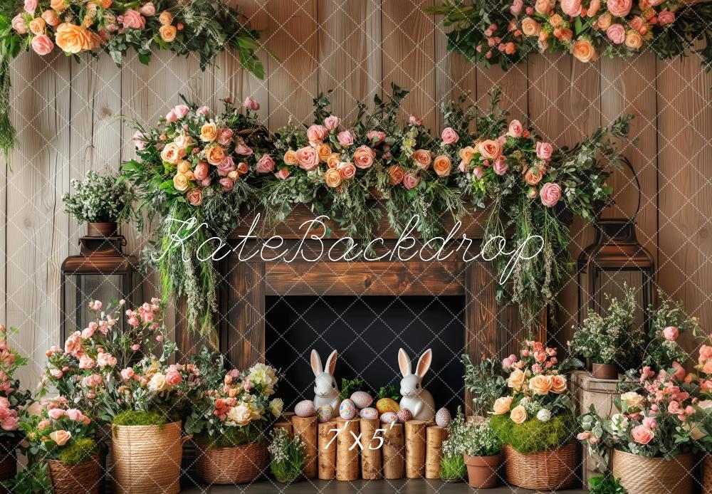 Kate Easter Bunny Floral Fireplace Wood Backdrop Designed by Patty Robert -UK