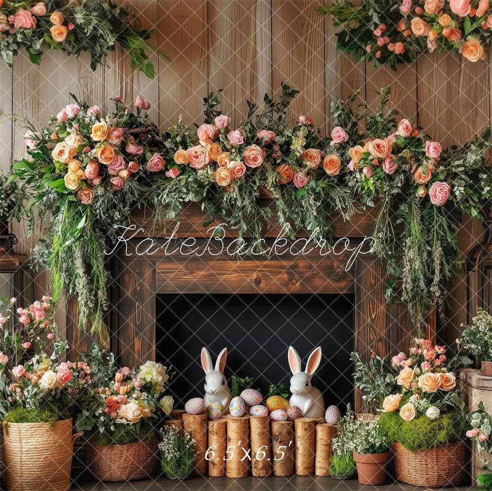 Kate Easter Bunny Floral Fireplace Wood Backdrop Designed by Patty Robert -UK