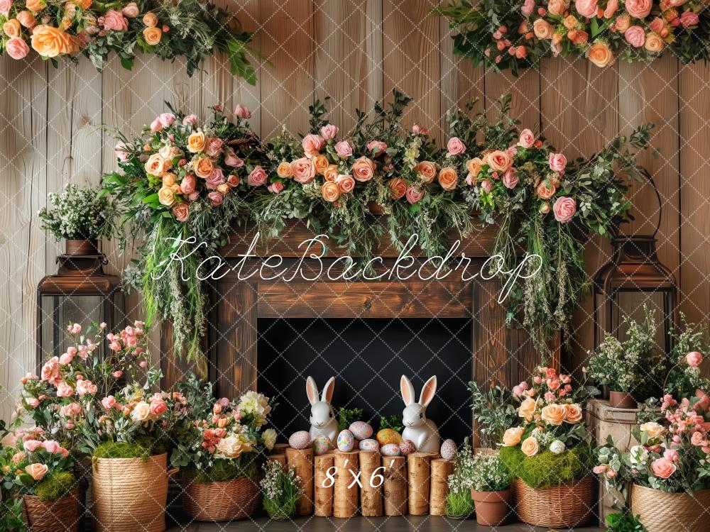 Kate Easter Bunny Floral Fireplace Wood Backdrop Designed by Patty Robert -UK