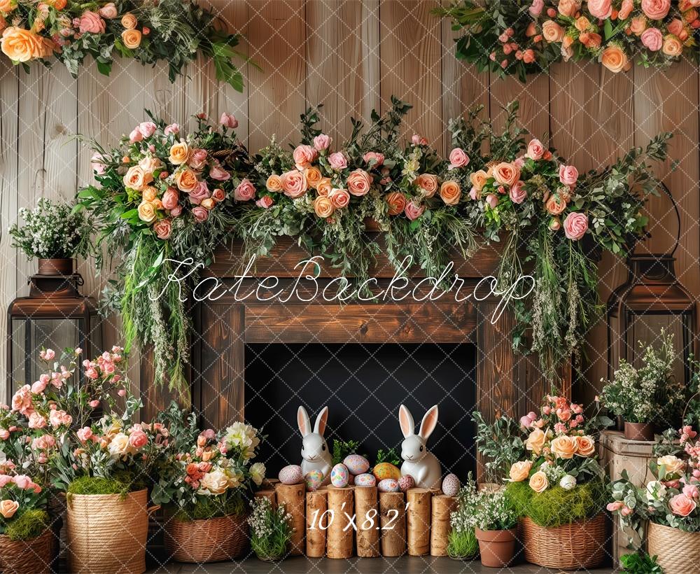 Kate Easter Bunny Floral Fireplace Wood Backdrop Designed by Patty Robert -UK