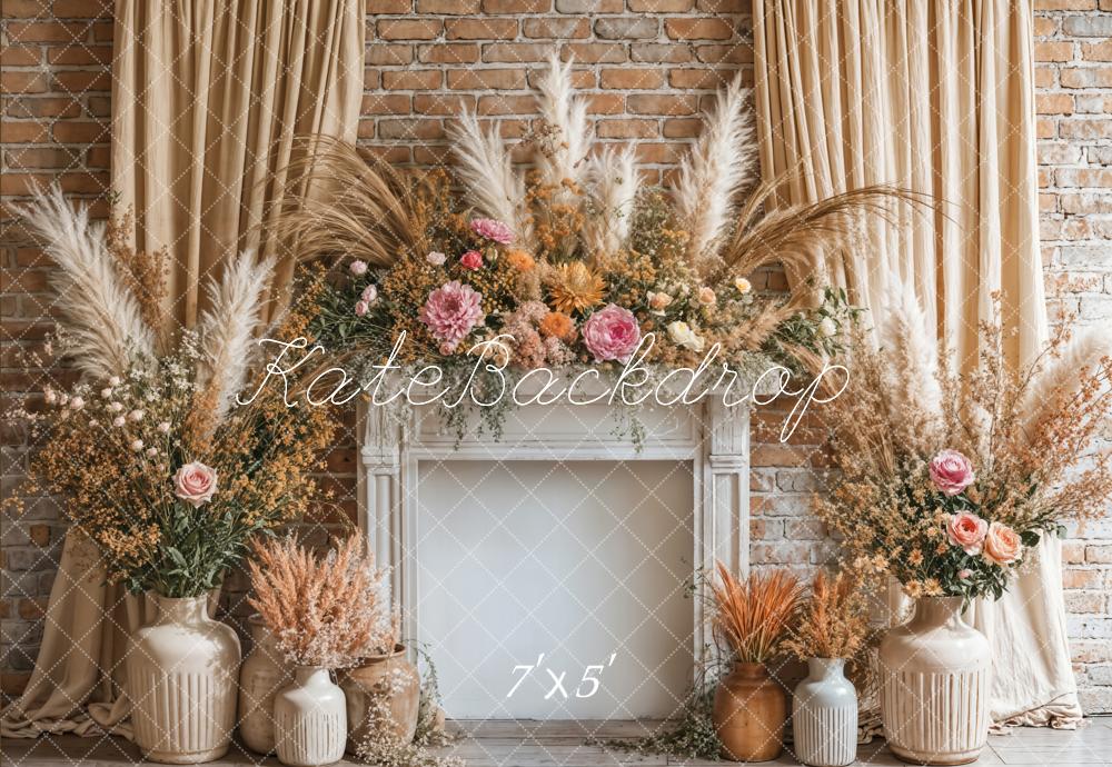 Kate Boho Floral Fireplace Curtain Beige Backdrop Designed by Emetselch -UK