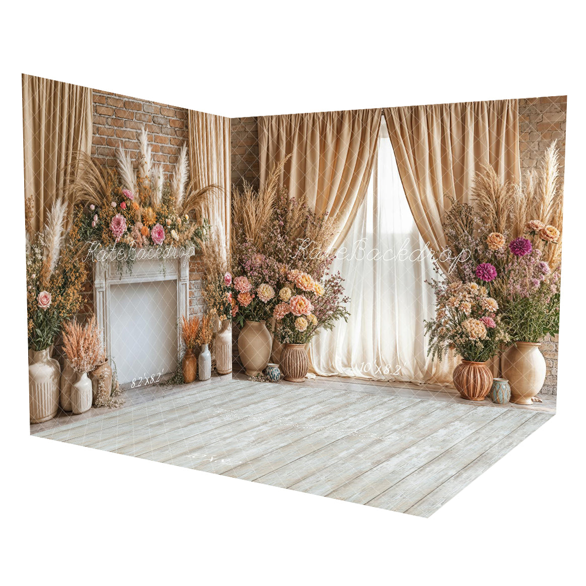 Kate Boho Floral Fireplace Curtain Beige Room Set -UK