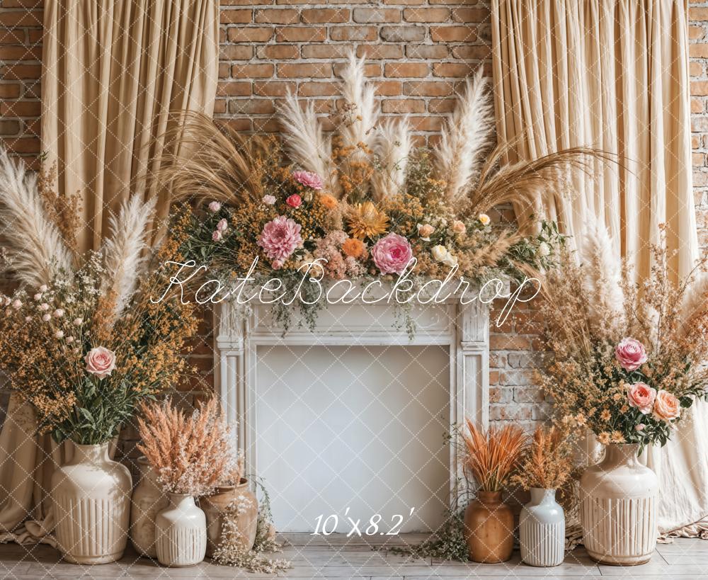 Kate Boho Floral Fireplace Curtain Beige Backdrop Designed by Emetselch -UK