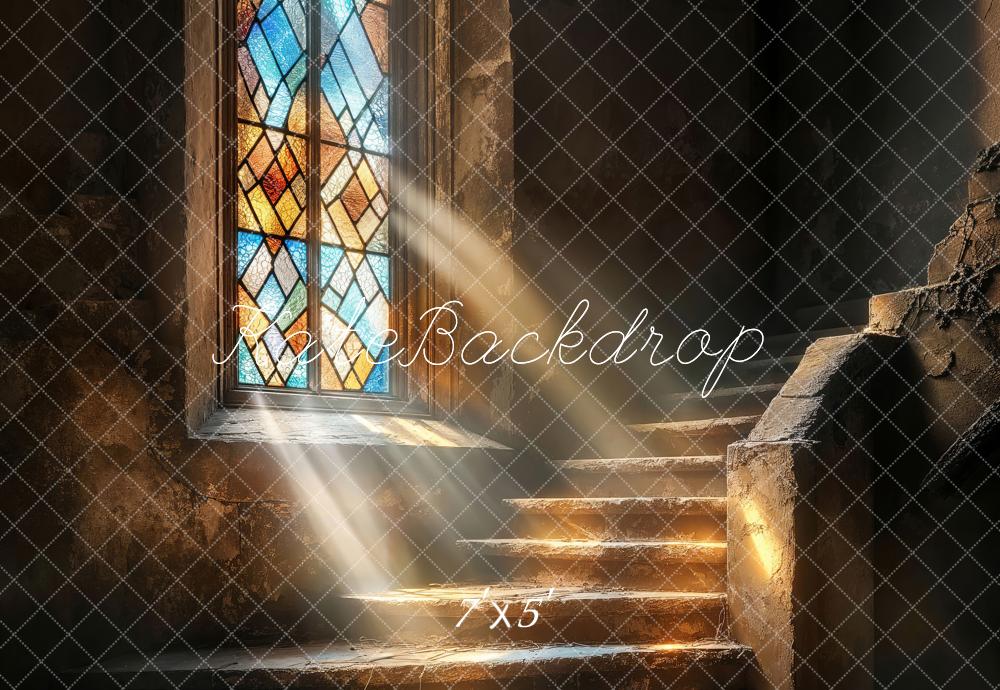 Lightning Deals Kate Church Stained Glass Cascading Stairs Backdrop Designed by Emetselch -UK
