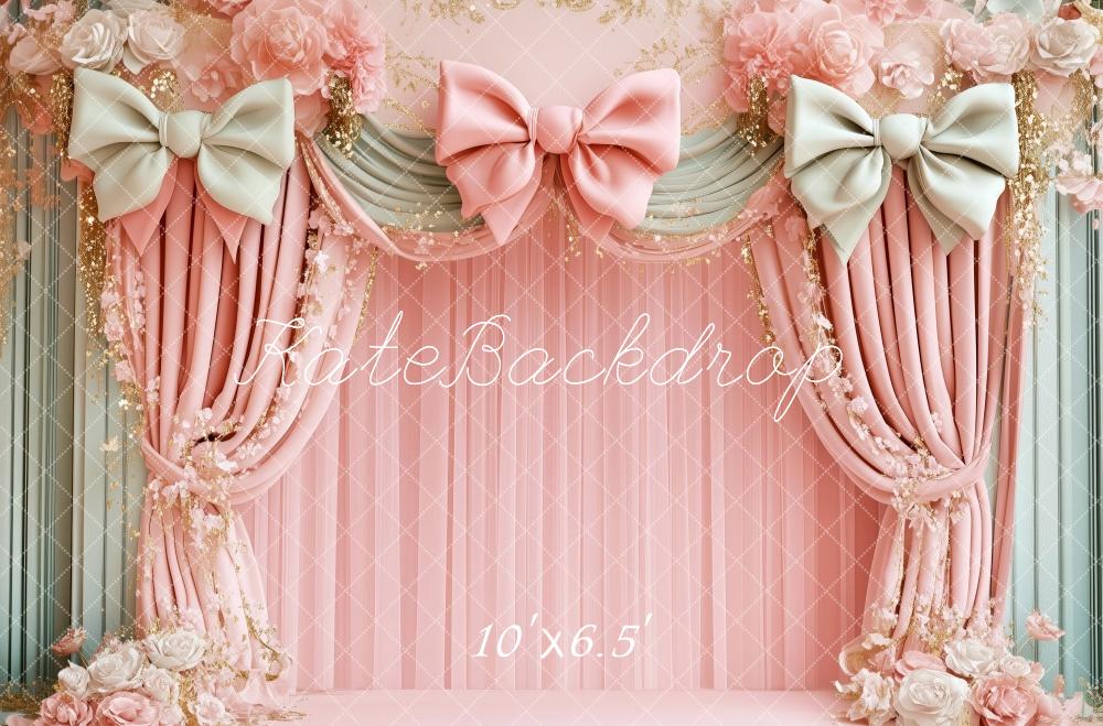 Kate Birthday Pink Floral Bow Draped Backdrop Designed by Patty Robert -UK