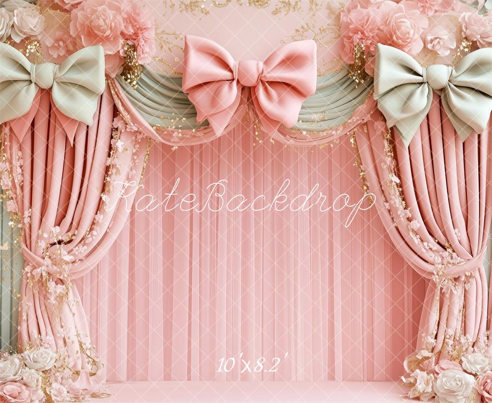 Kate Birthday Pink Floral Bow Draped Backdrop Designed by Patty Robert -UK