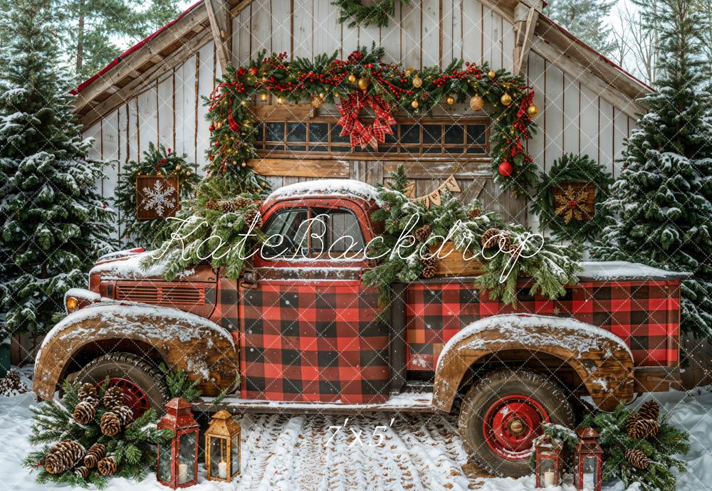 Kate Christmas Red Plaid Truck Cabin Snow Backdrop Designed by Emetselch -UK