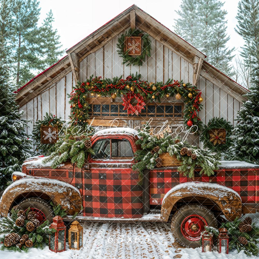 Kate Christmas Red Plaid Truck Cabin Snow Backdrop Designed by Emetselch -UK