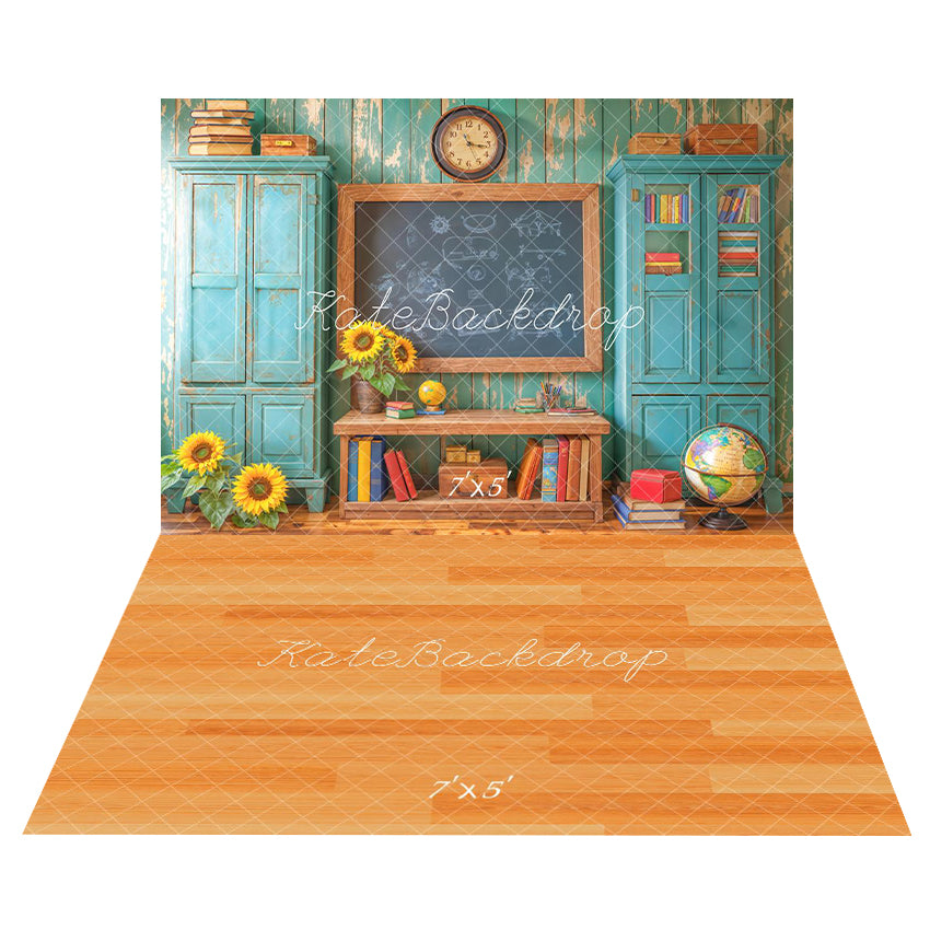 Kate Back to school Chalkboard Blue Cabinets Backdrop+Orange Wooden Floor Backdrop -UK
