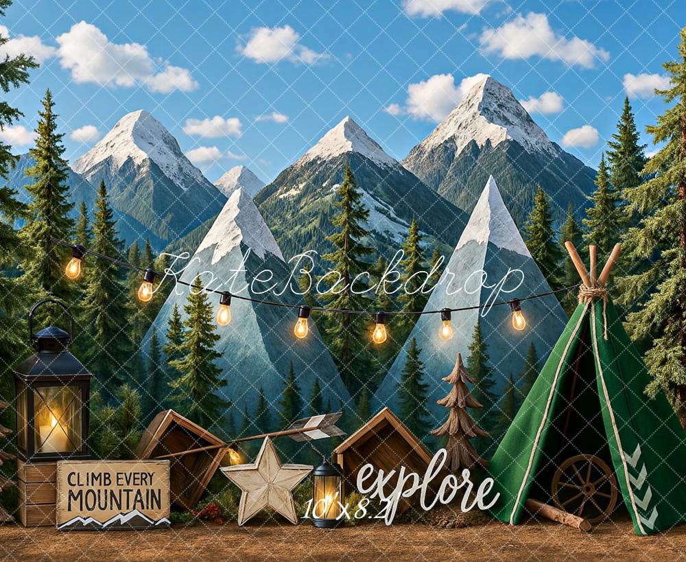Kate Camping Tent Mountain Adventure Backdrop Designed by Ashley Paul -UK