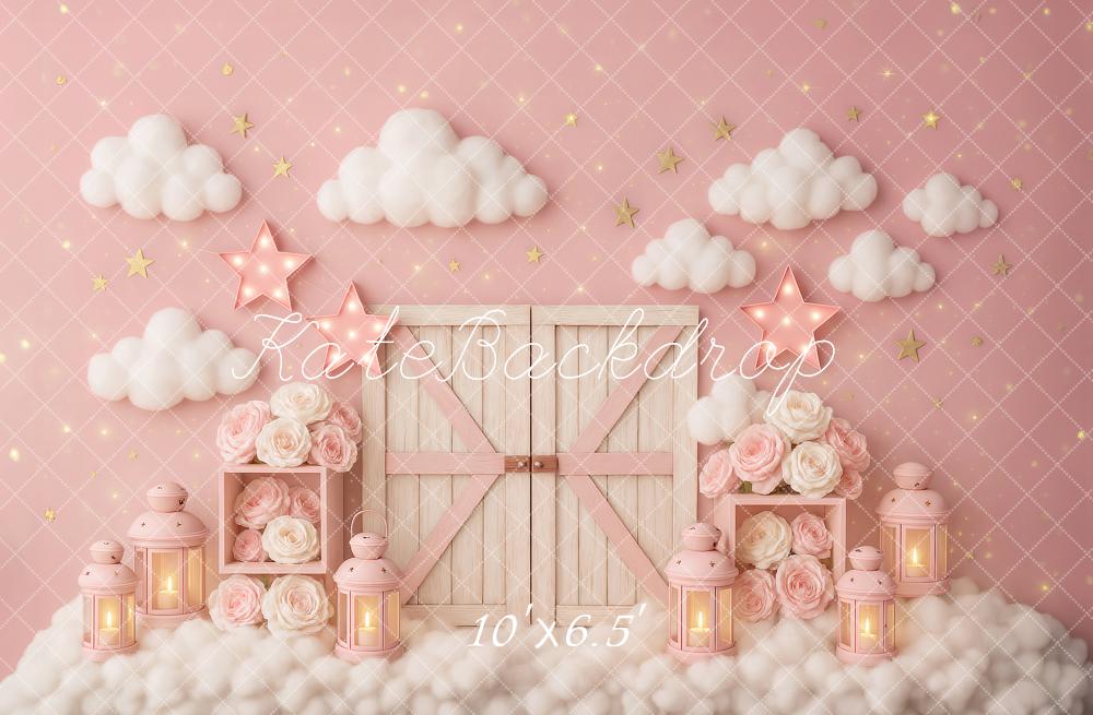 On Sale Kate Cake Smash Pink Clouds Barn Door Stars Backdrop Designed by Ashley Paul -UK