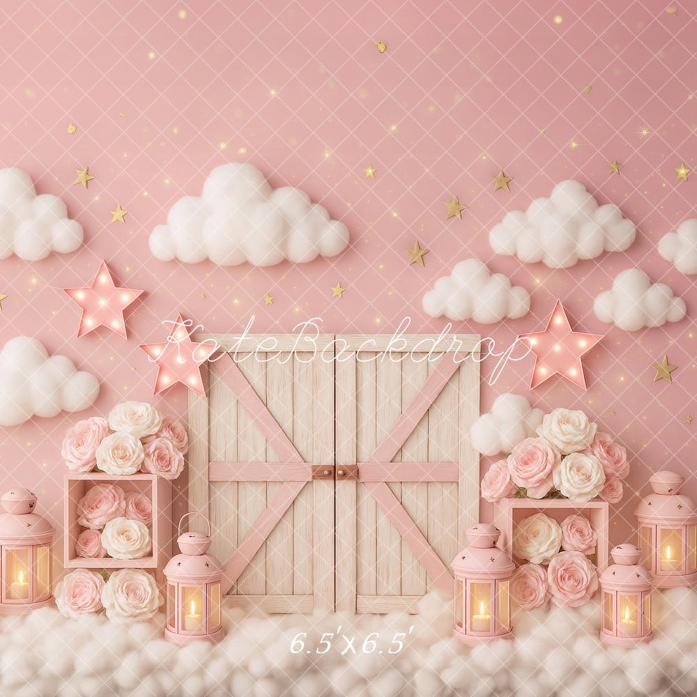 On Sale Kate Cake Smash Pink Clouds Barn Door Stars Backdrop Designed by Ashley Paul -UK