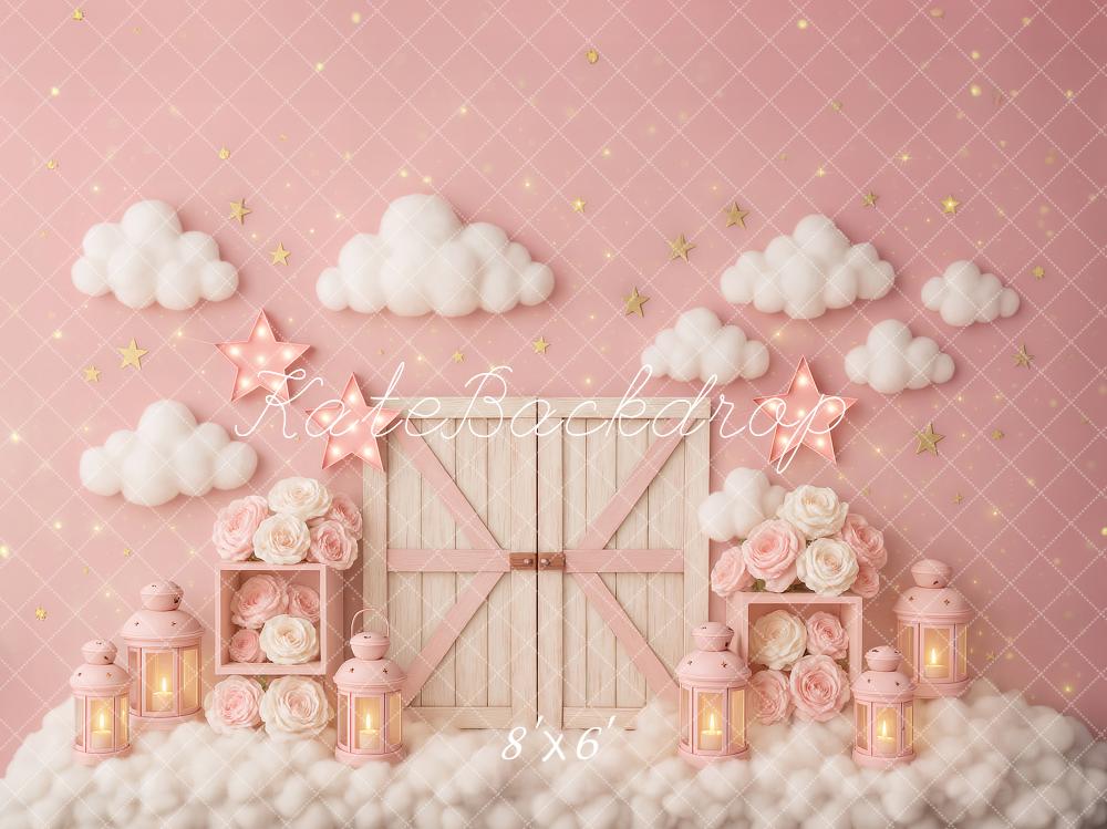On Sale Kate Cake Smash Pink Clouds Barn Door Stars Backdrop Designed by Ashley Paul -UK