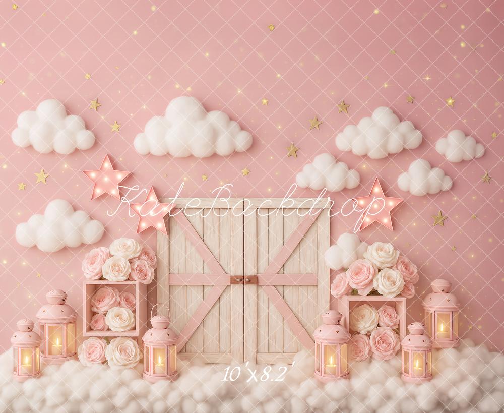 On Sale Kate Cake Smash Pink Clouds Barn Door Stars Backdrop Designed by Ashley Paul -UK