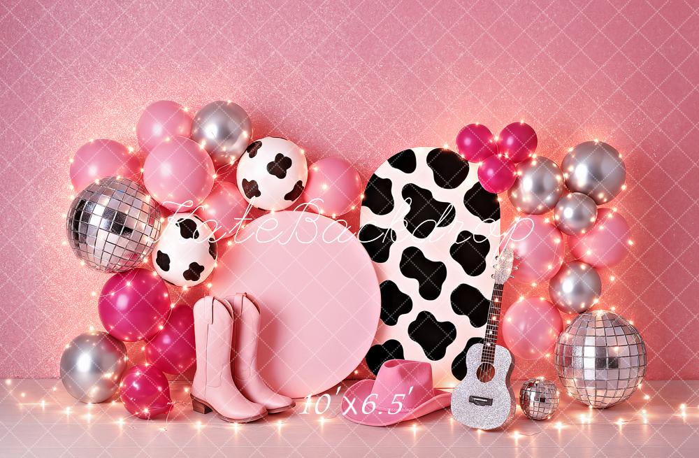 Kate Birthday Cowgirl Pink Balloon Guitar Disco Backdrop Designed by Ashley Paul -UK