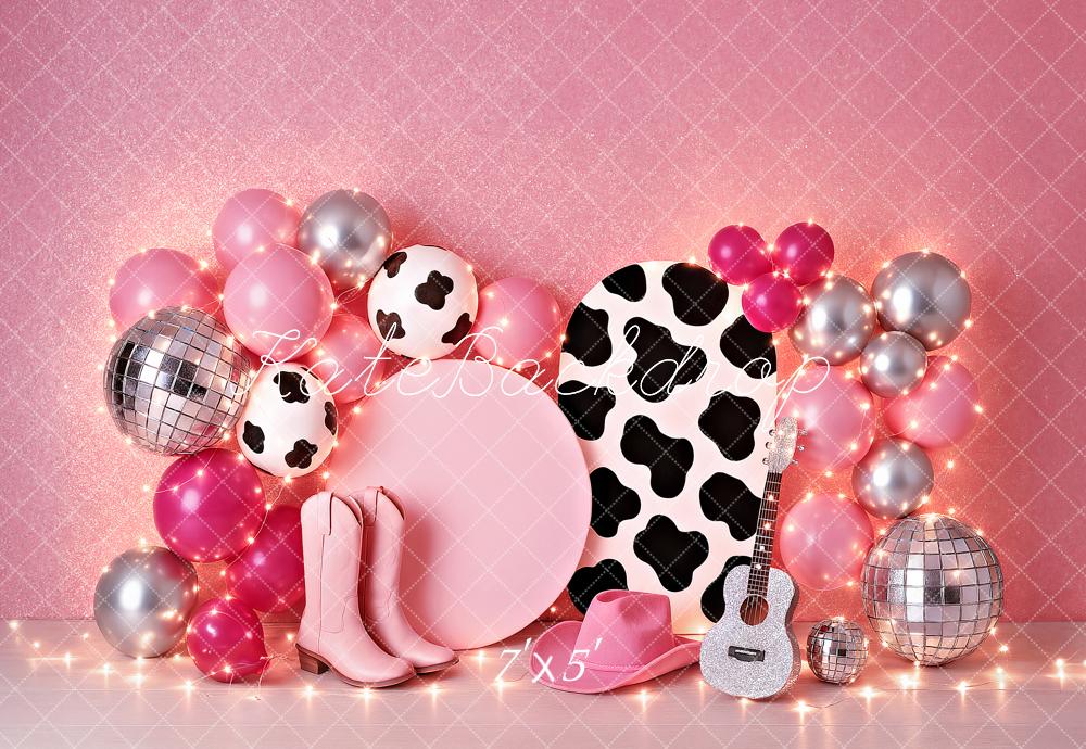 Kate Birthday Cowgirl Pink Balloon Guitar Disco Backdrop Designed by Ashley Paul -UK