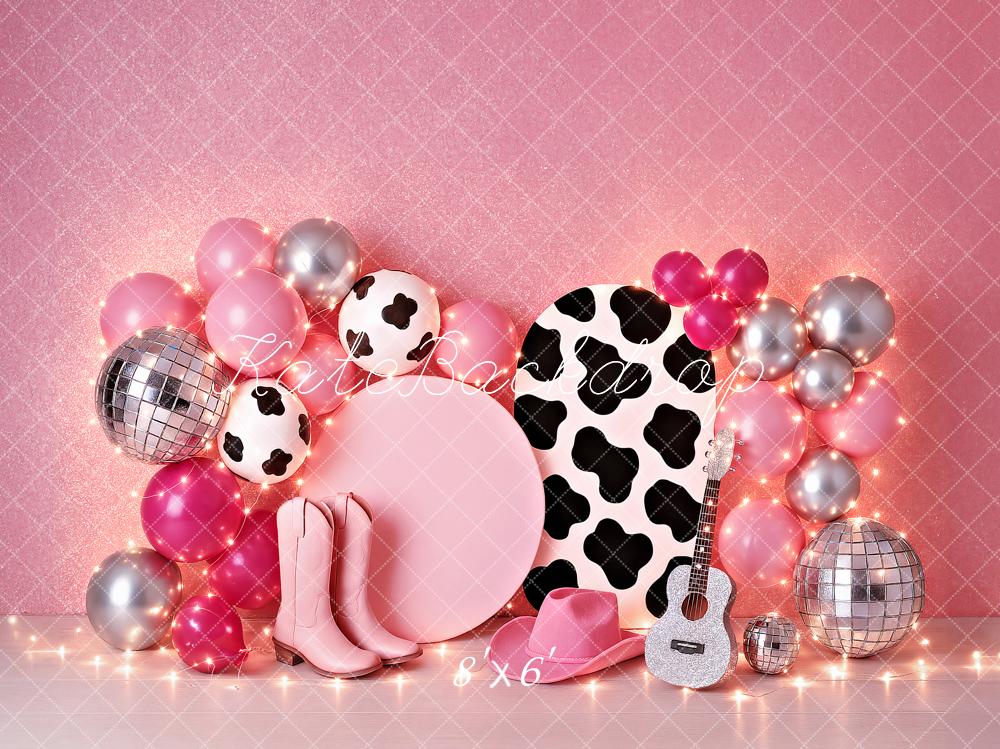 Kate Birthday Cowgirl Pink Balloon Guitar Disco Backdrop Designed by Ashley Paul -UK