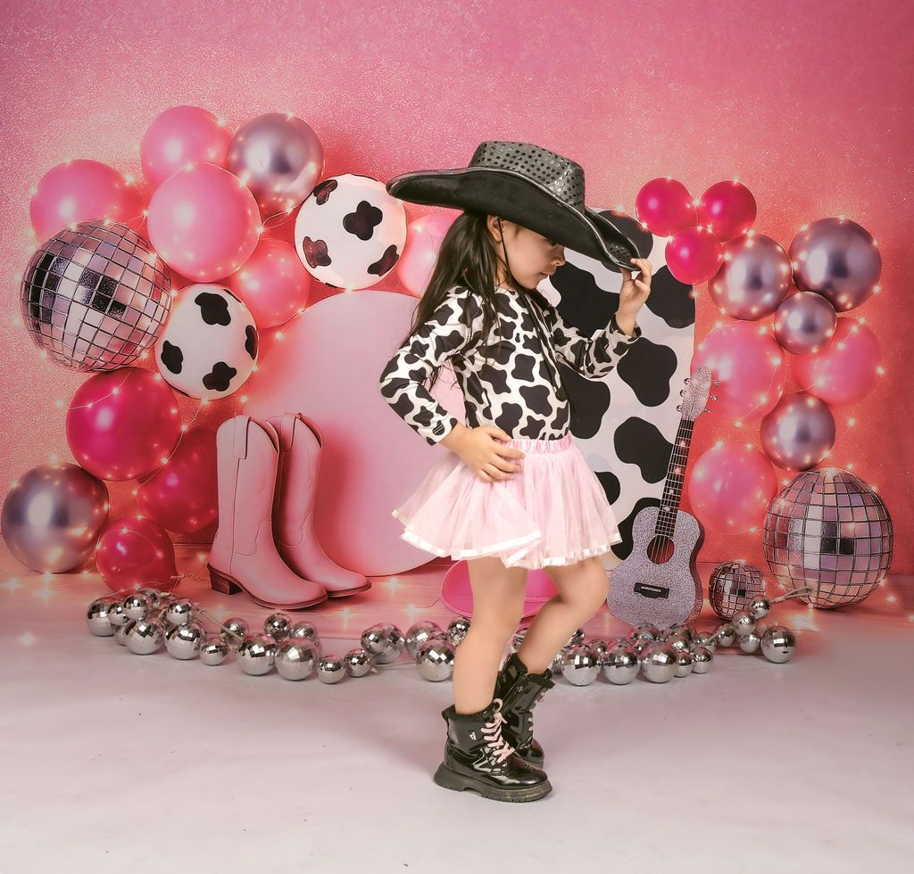 Kate Birthday Cowgirl Pink Balloon Guitar Disco Backdrop Designed by Ashley Paul -UK