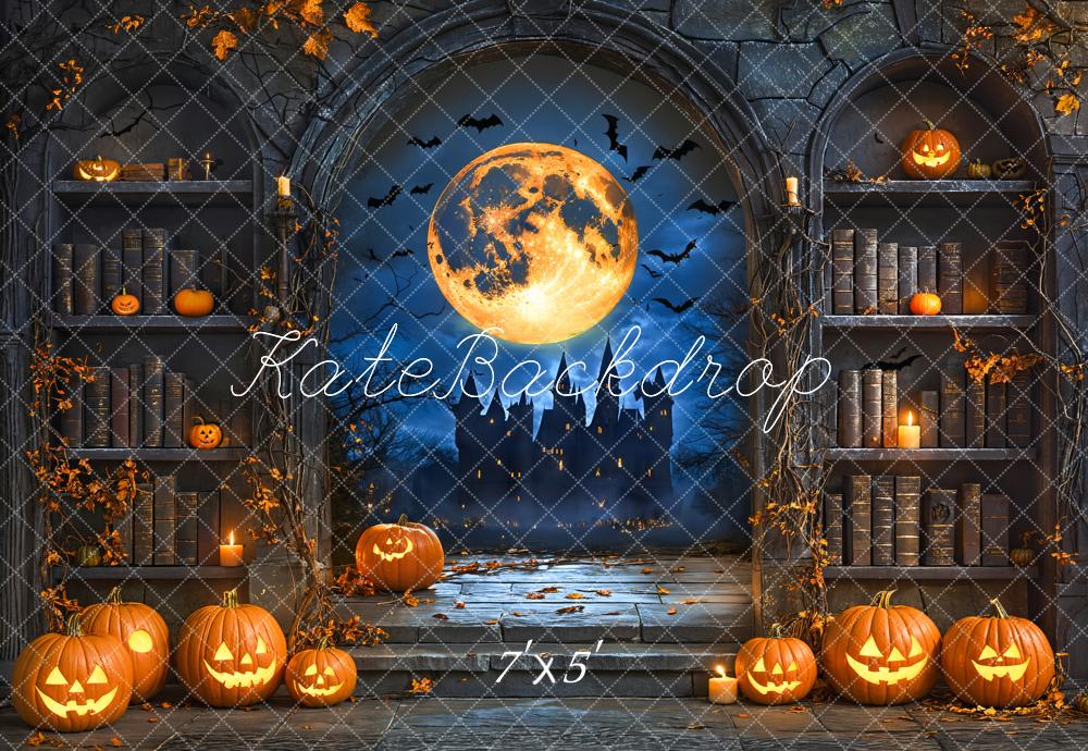 Kate Halloween Pumpkin Moon Vintage Bookshelf Backdrop Designed by Emetselch -UK