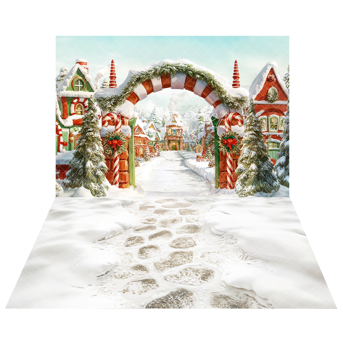 Kate Christmas Tree Village Snow Backdrop+Winter Cobblestone Path Floor Backdrop -UK