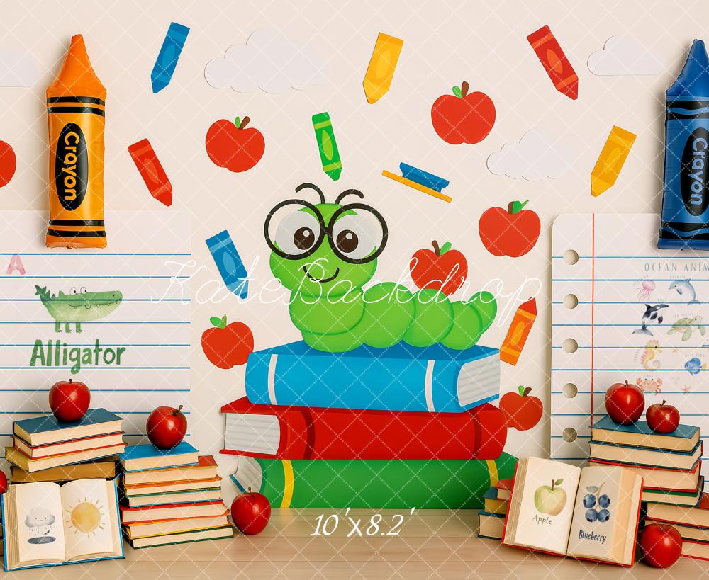 Kate Back to School Books Worm Crayon Backdrop Designed by Patty Robert